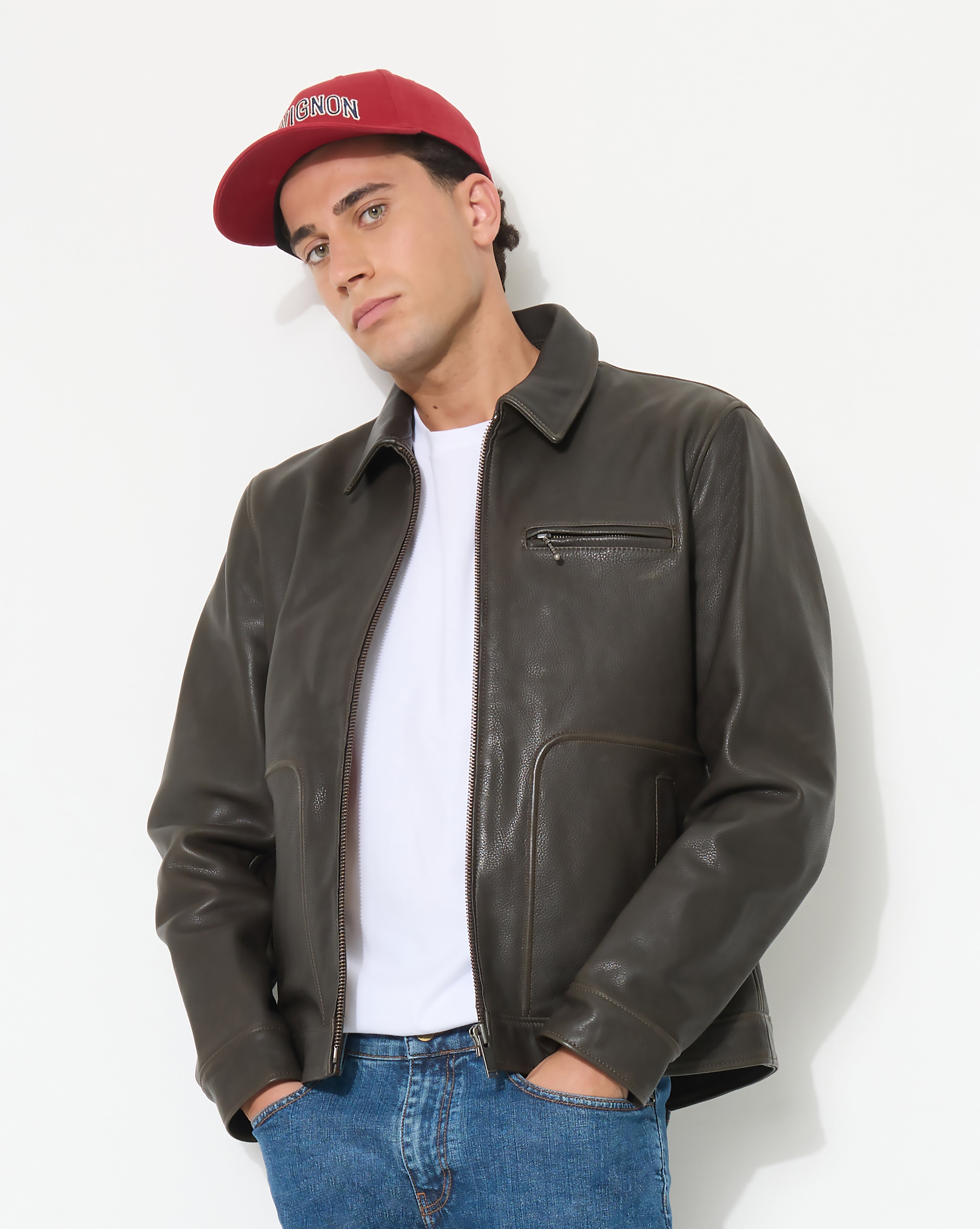 BLOUSON EN CUIR MOTOR MARRON