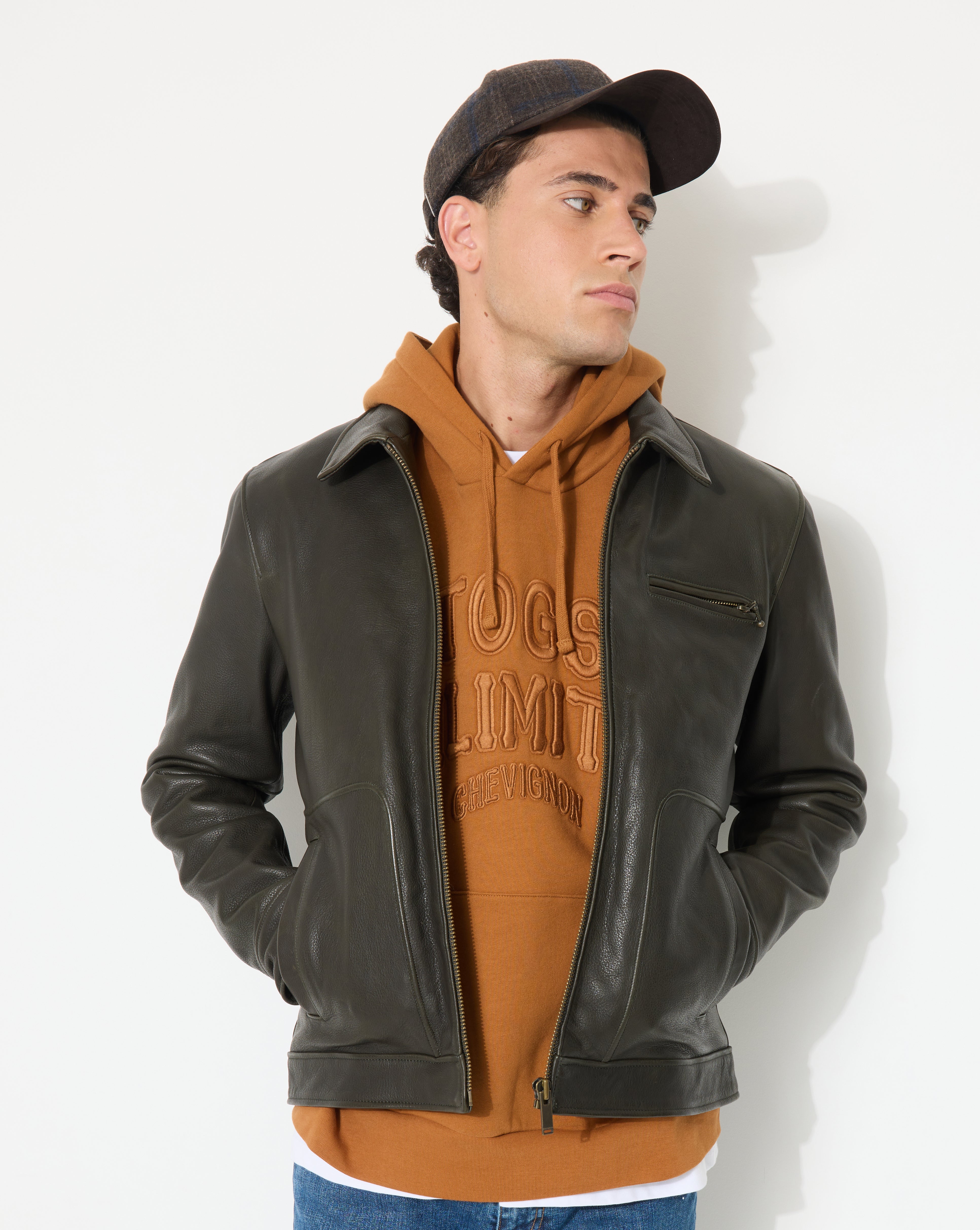 BLOUSON EN CUIR MOTOR VERT