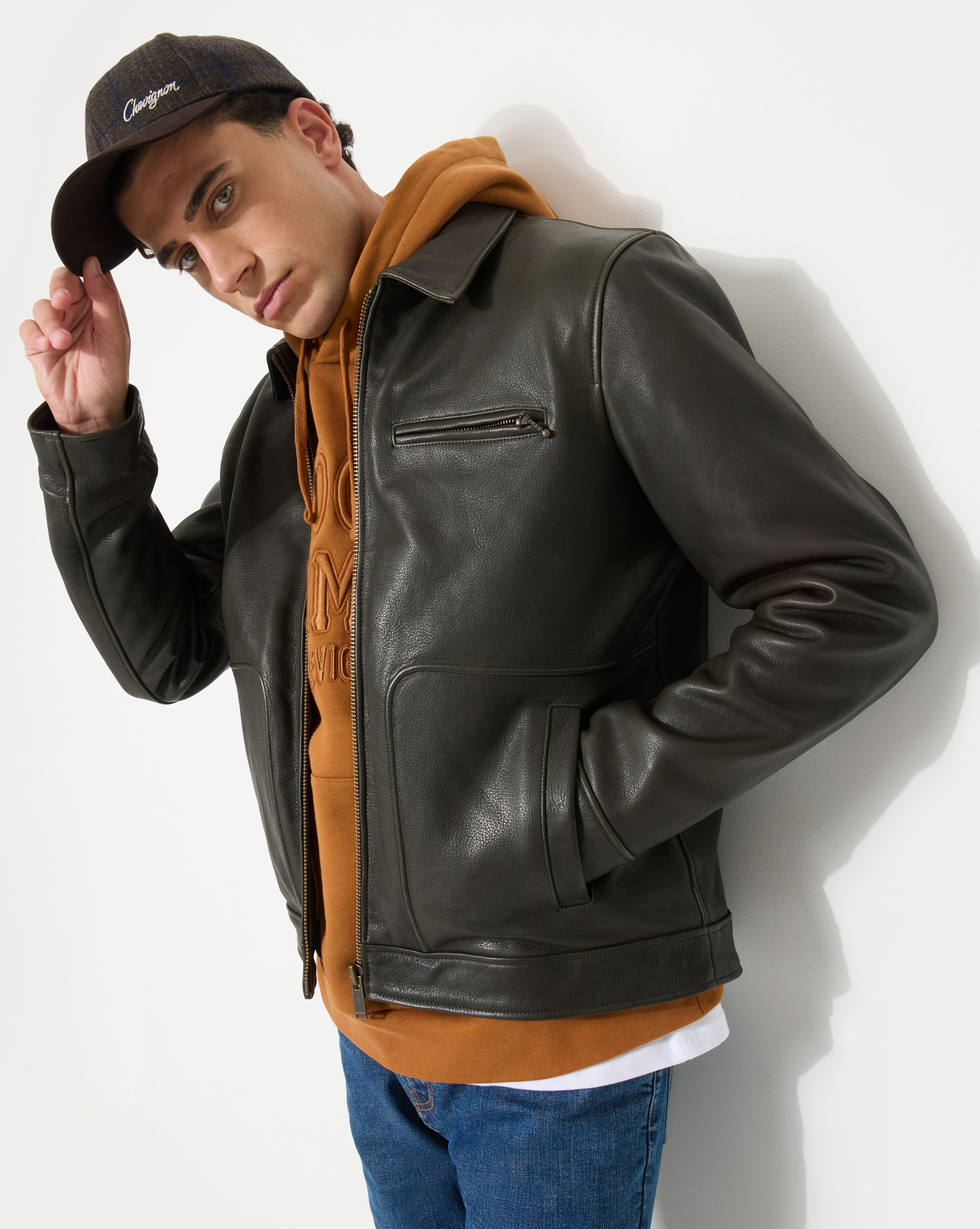 BLOUSON EN CUIR MOTOR VERT