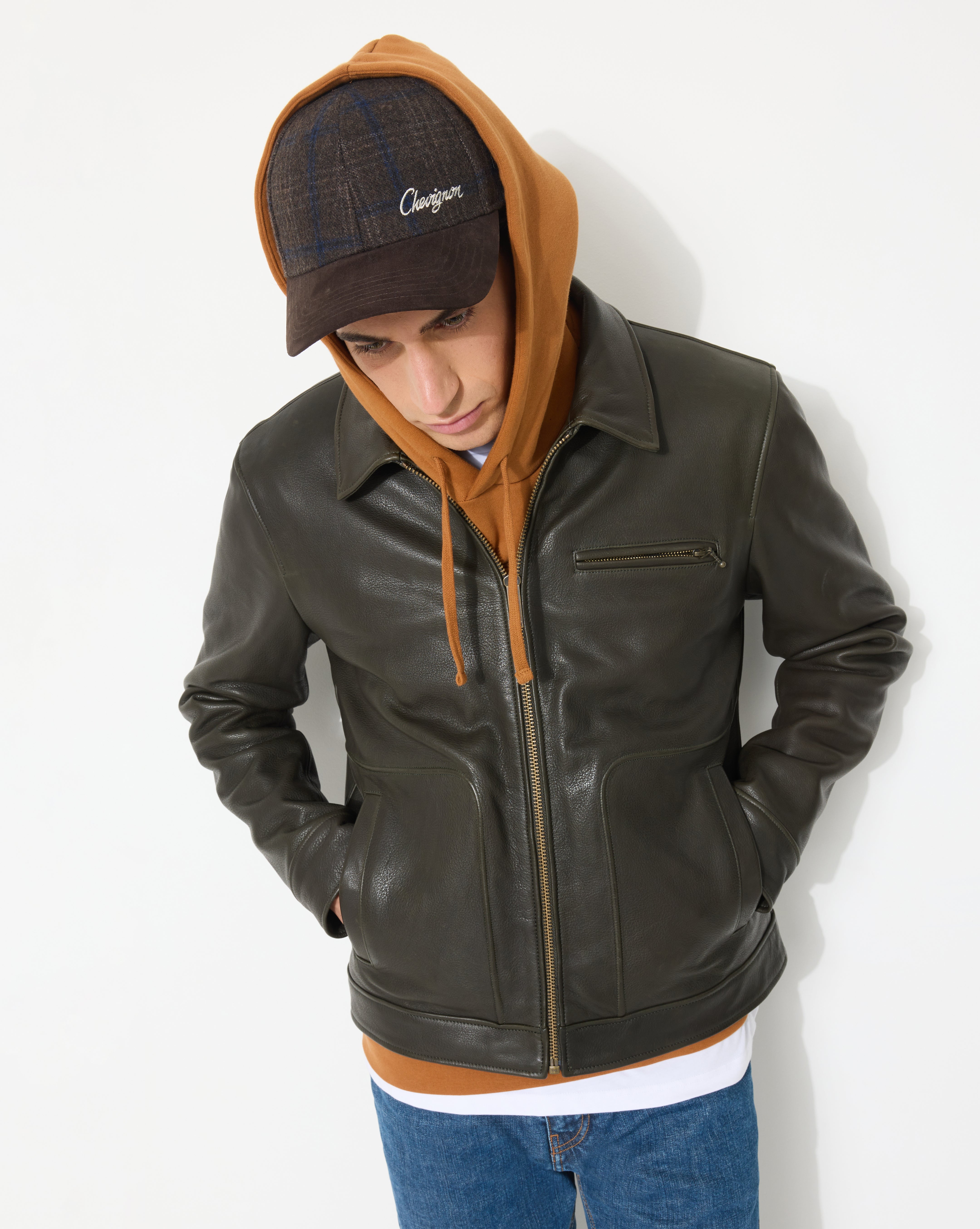 BLOUSON EN CUIR MOTOR VERT