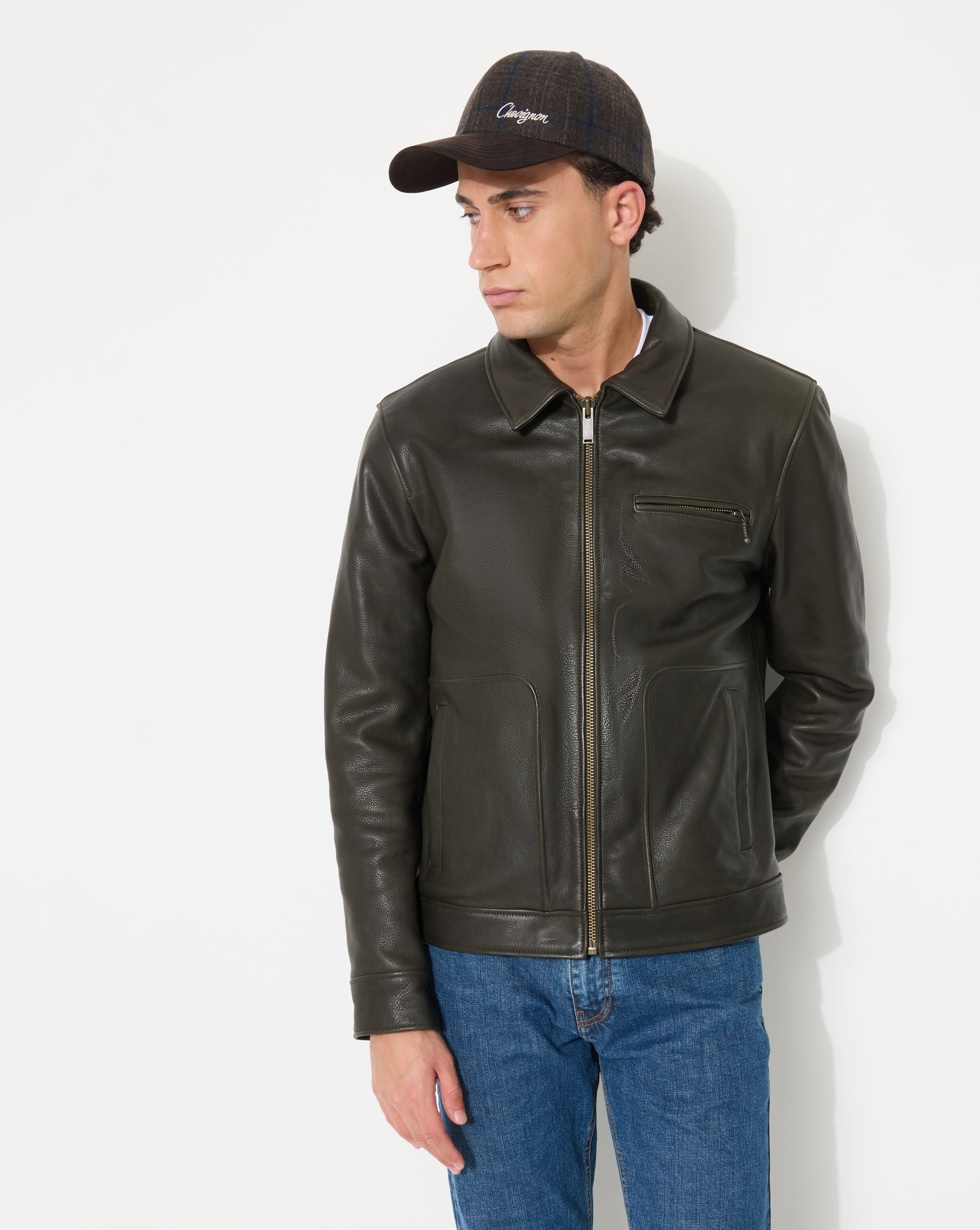 BLOUSON EN CUIR MOTOR VERT